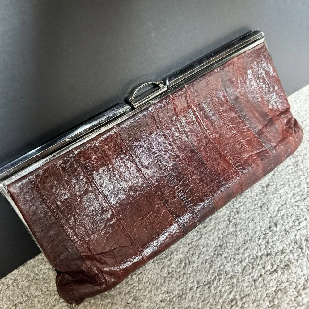Vintage Genuine EEL SKIN Brown Kiss Lock Clutch Purse